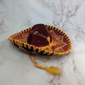 Vintage Pigalle Sombrero Mexican Hat Red Gold Sequin Velvet Yellow